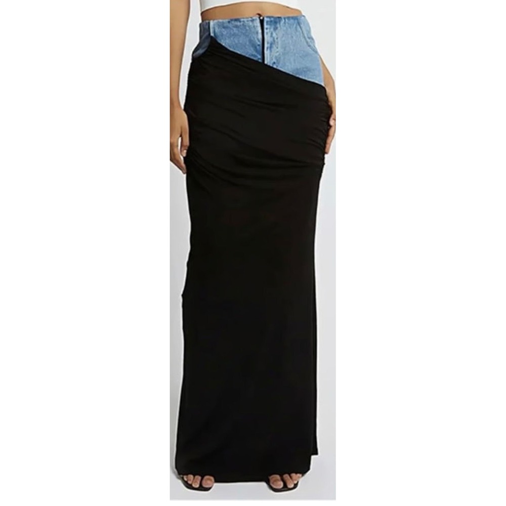 Loragal High Waist Slim Stretch Denim Jersey Ruched Hip Wrap Skirt - Black - 2XL